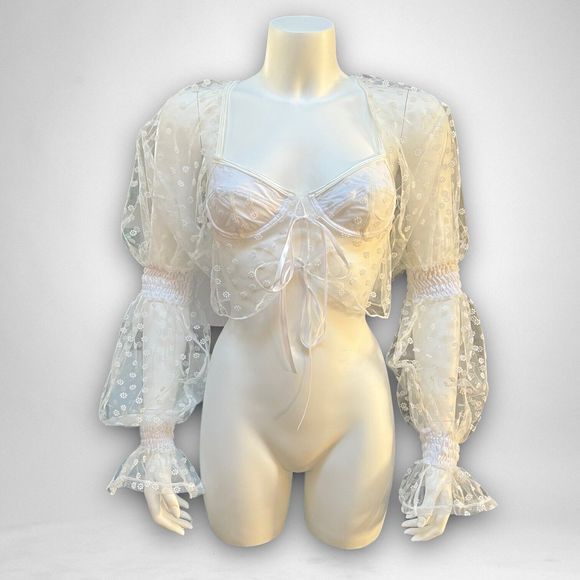SOLD Sugar Thrillz French Crop Top Dolls Lace White Size S Puff Sleeve Cottage - Picture 1 of 5